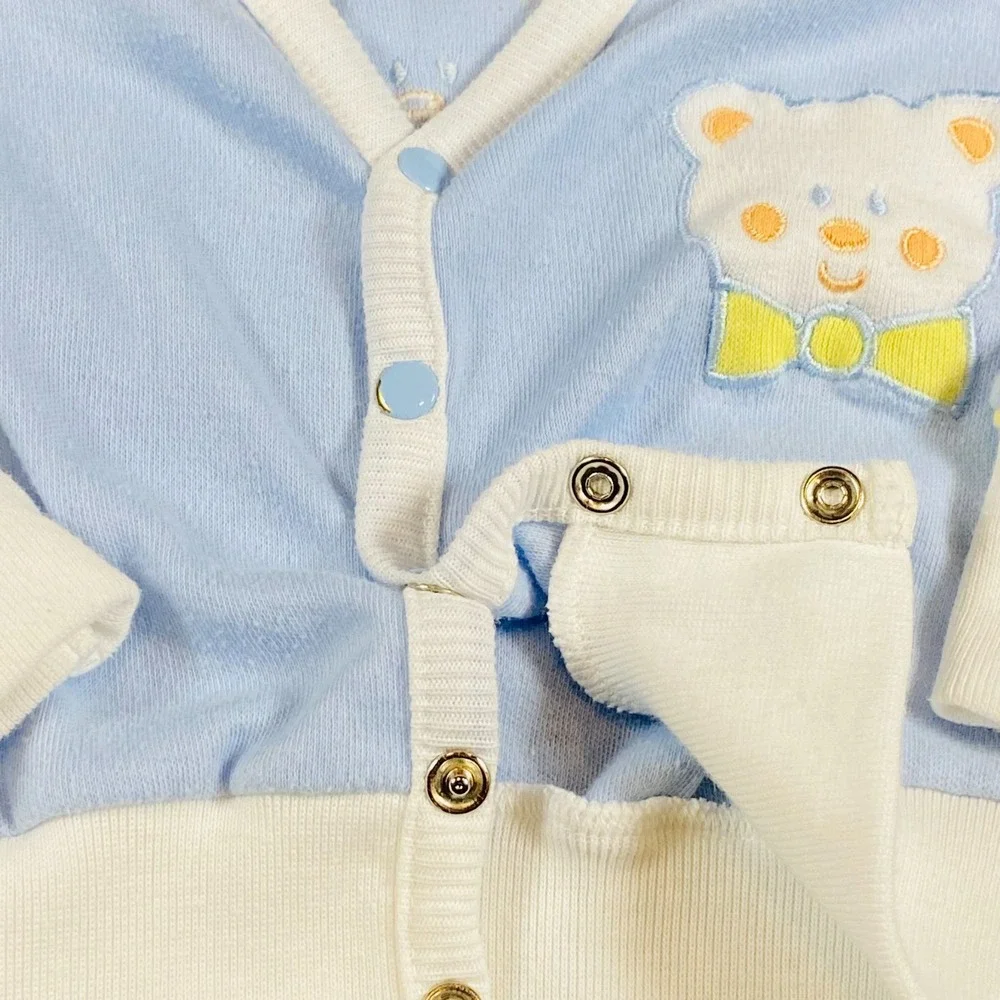 Vintage 80s Doe Spun Bear Balloon Applique‎ Blue Snap Cardigan Sweater 3-6 mo